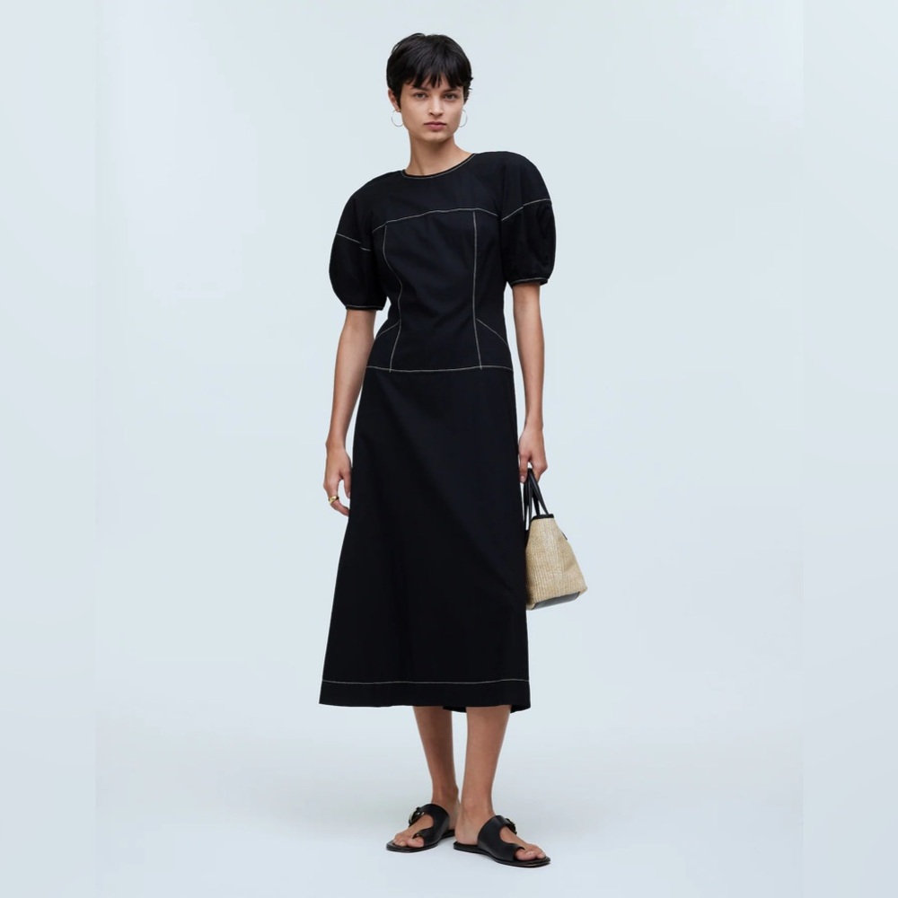 MADEWELL Puff-Sleeve Drop-Waist Midi Dress